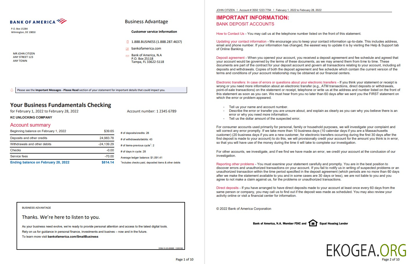 Relevé bancaire USA Bank of America, modèle Word et PDF, 10 pages template Relevé bancaire USA Bank of America, modèle Word et PDF, 10 pages template